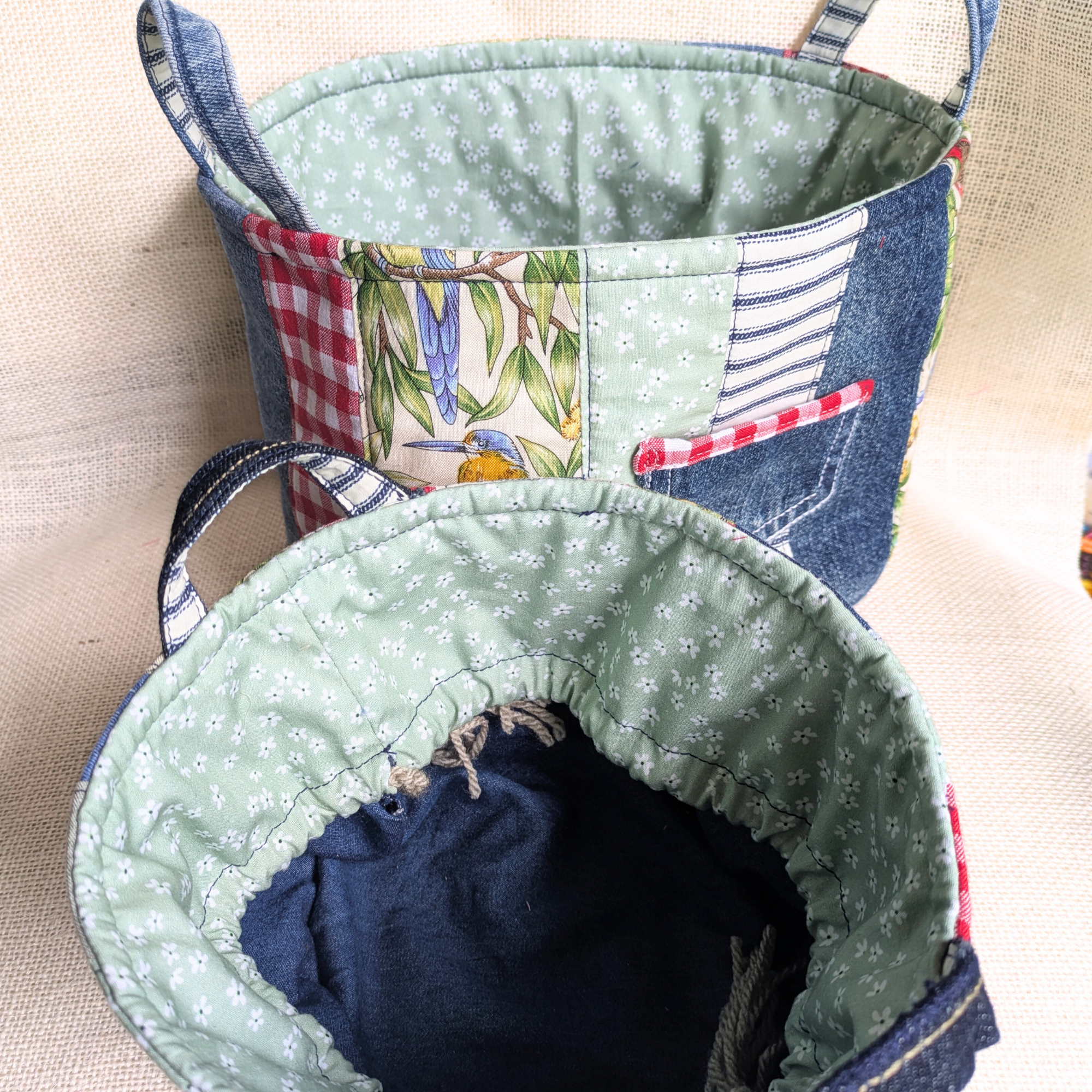 Upcycled Denim Storage Basket and Gift Bag Patchwork, Birds