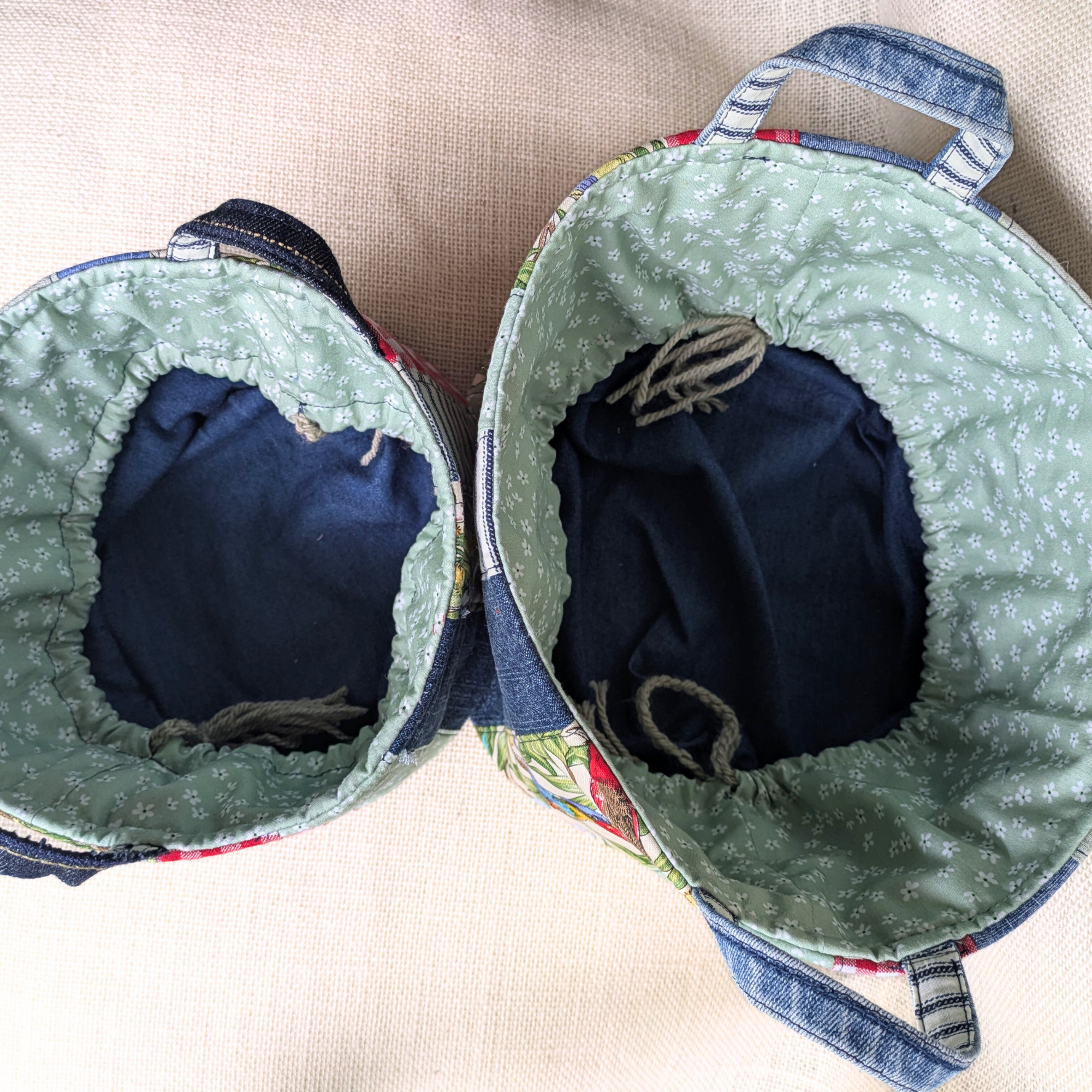 Upcycled Denim Storage Basket and Gift Bag Patchwork, Birds