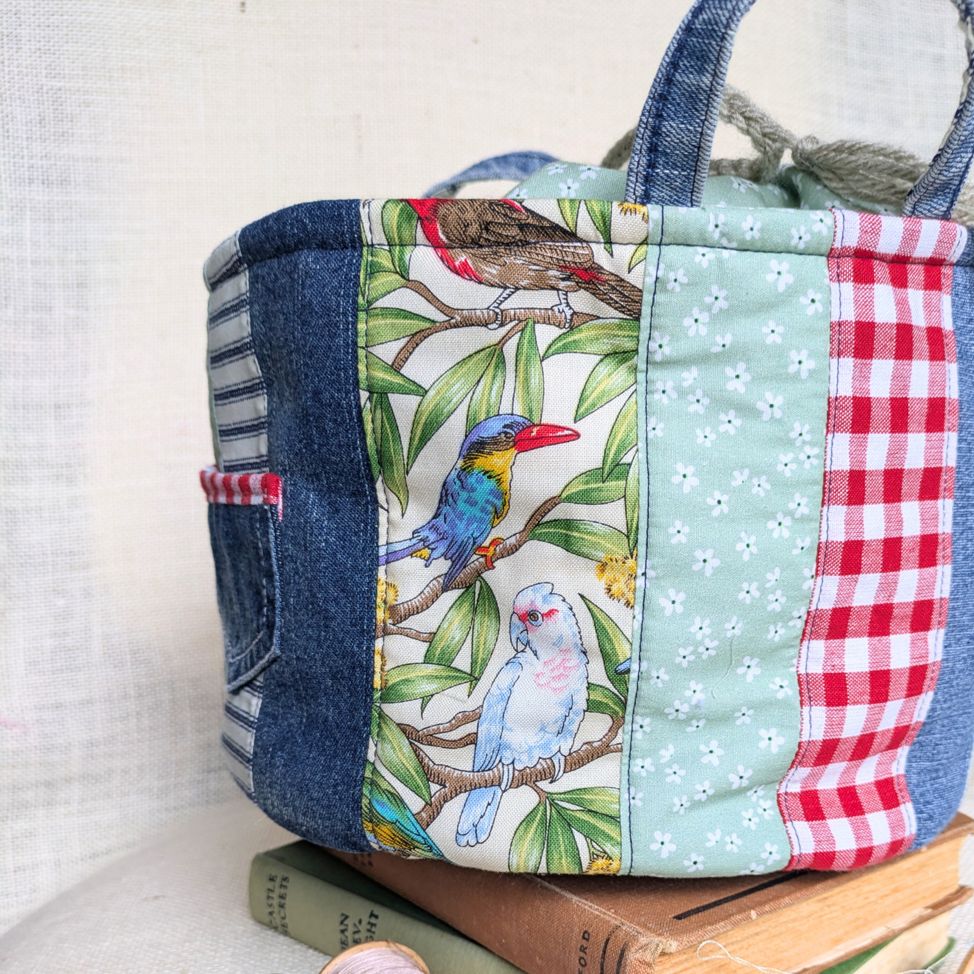 Upcycled Denim Storage Basket and Gift Bag Patchwork, Birds