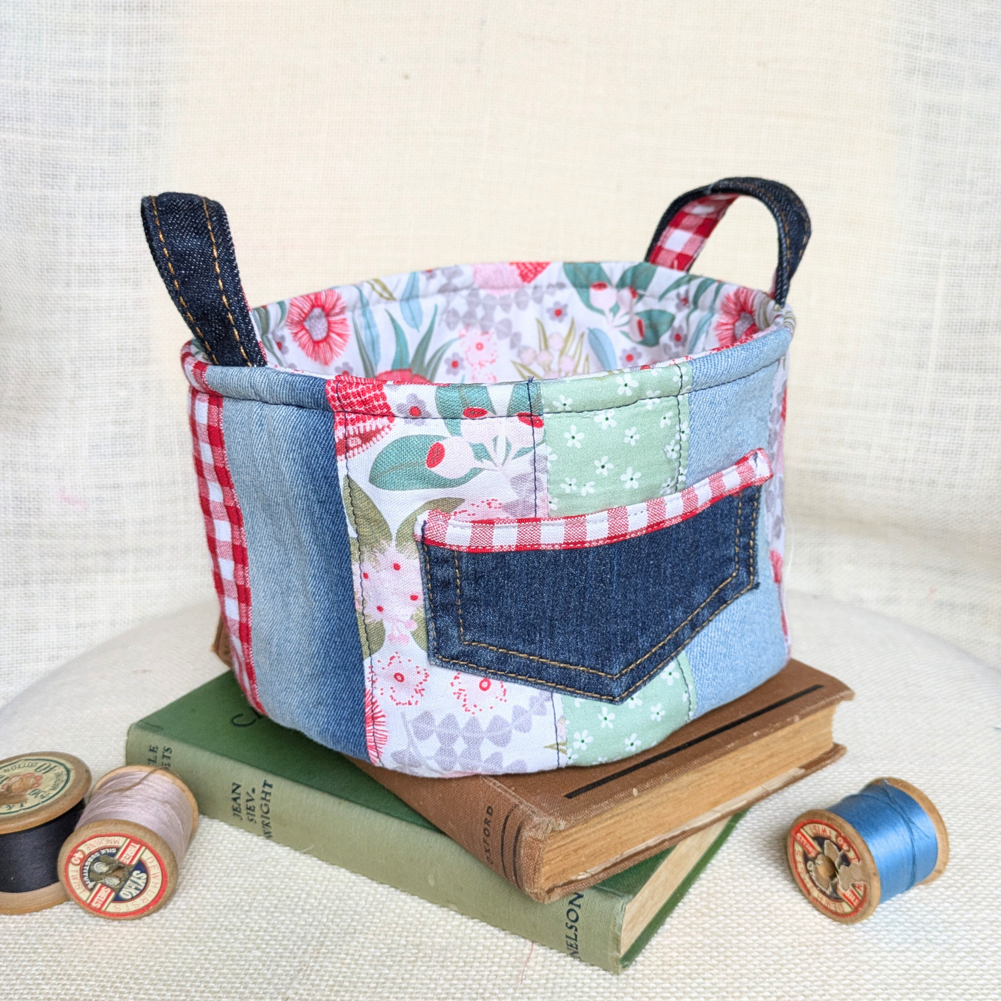 Upcycled Denim Storage Basket and Gift Bag Patchwork Australian flora