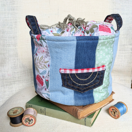 Upcycled Denim Storage Basket and Gift Bag Patchwork Australian flora