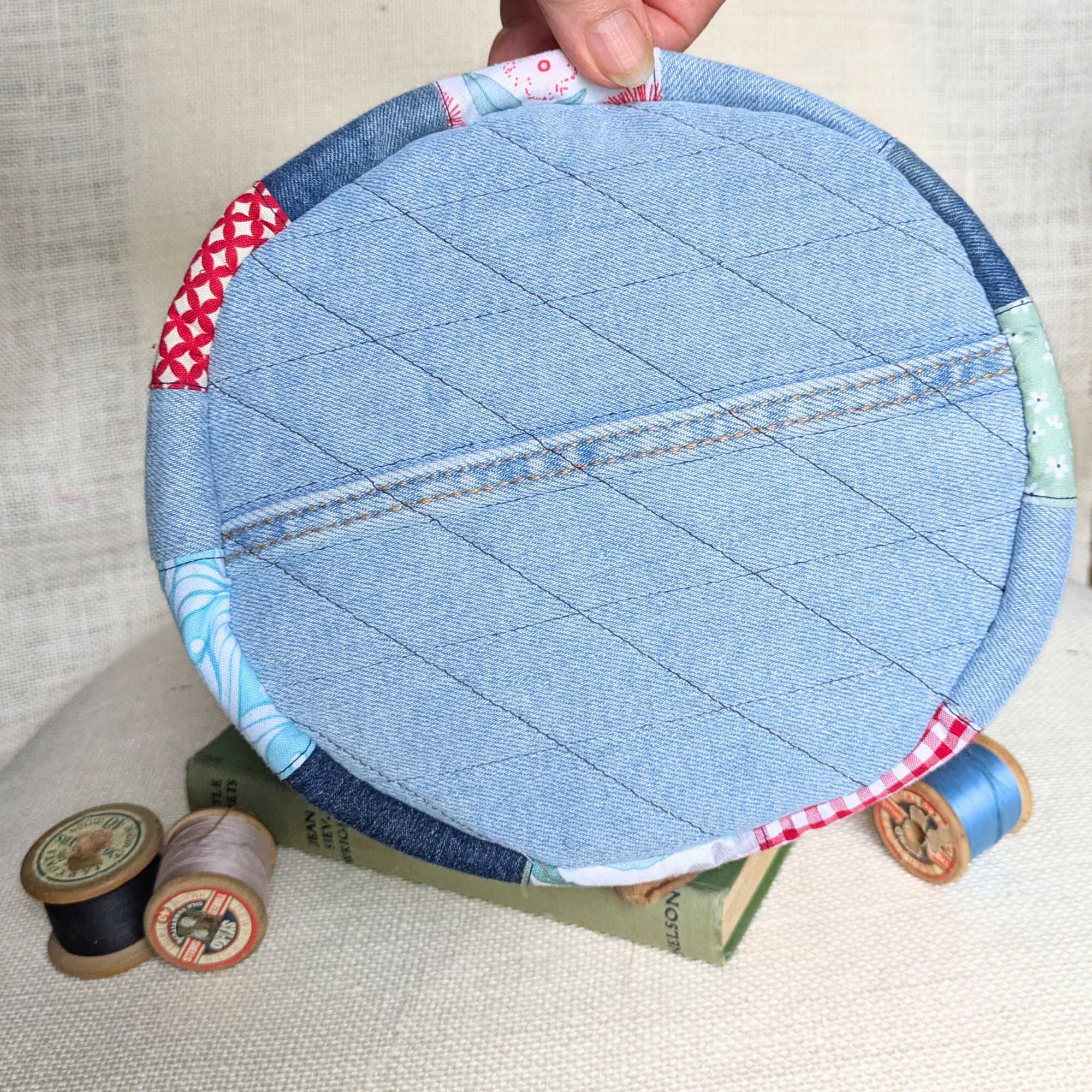 Upcycled Denim Storage Basket and Gift Bag Patchwork Australian flora