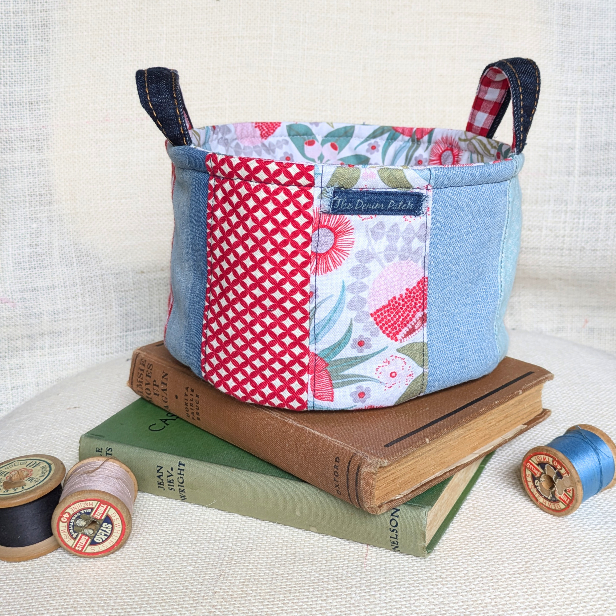 Upcycled Denim Storage Basket and Gift Bag Patchwork Australian flora