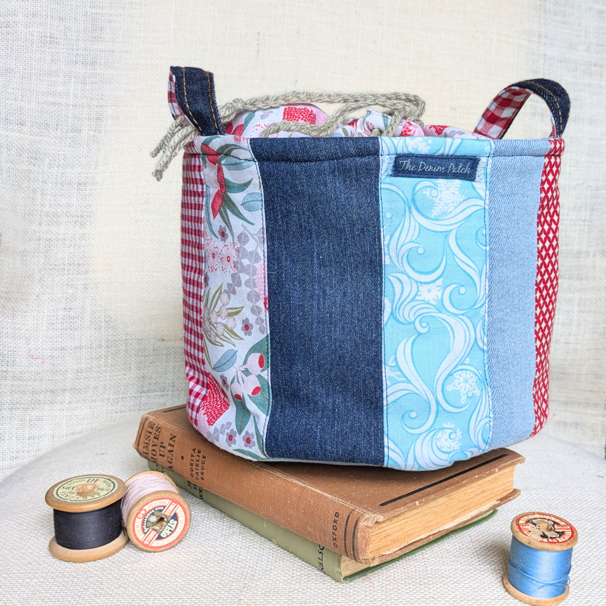 Upcycled Denim Storage Basket and Gift Bag Patchwork Australian flora
