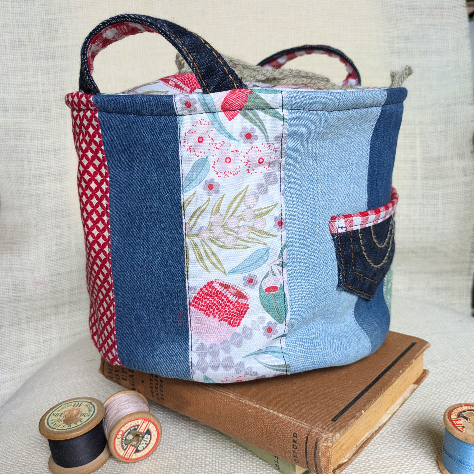 Upcycled Denim Storage Basket and Gift Bag Patchwork Australian flora