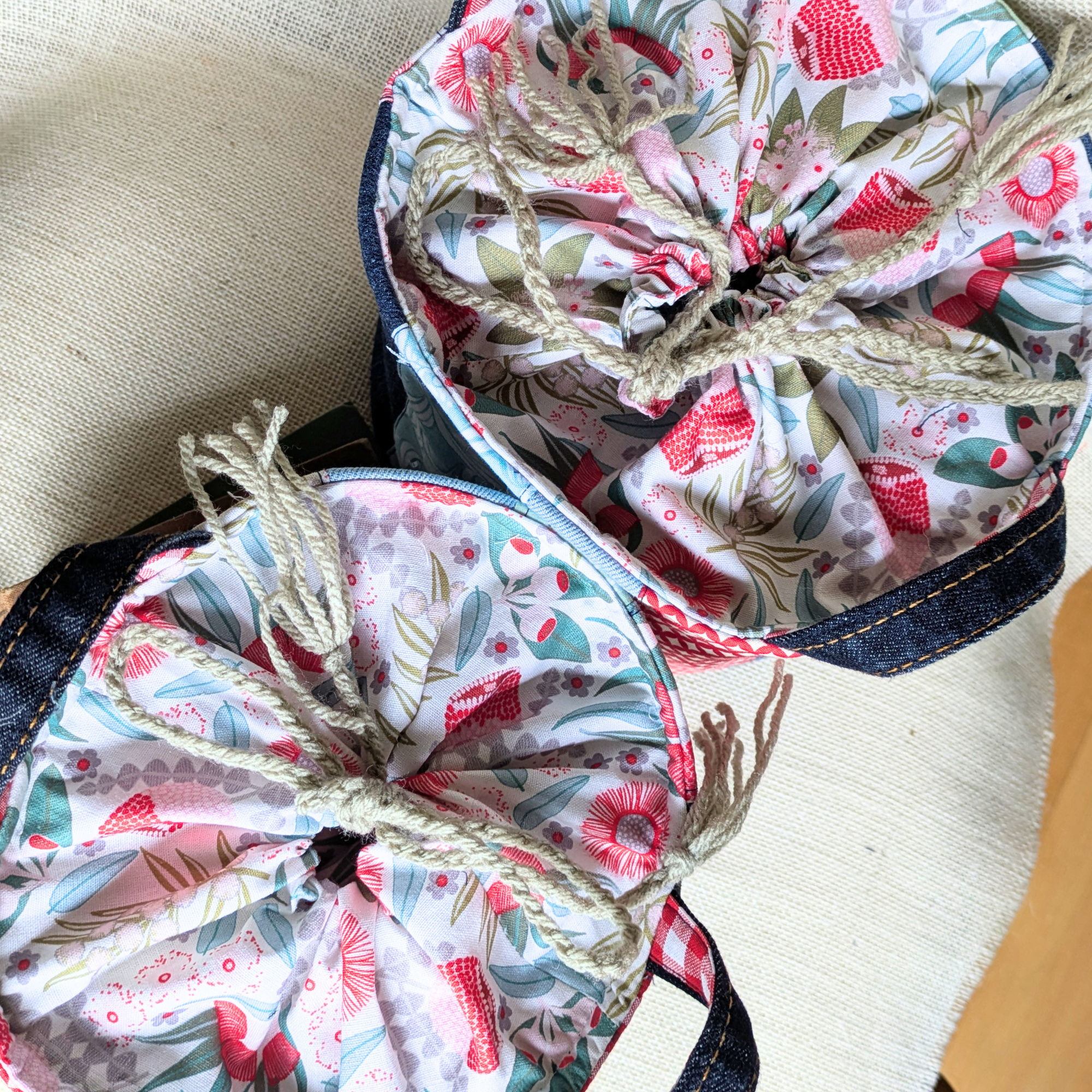 Upcycled Denim Storage Basket and Gift Bag Patchwork Australian flora