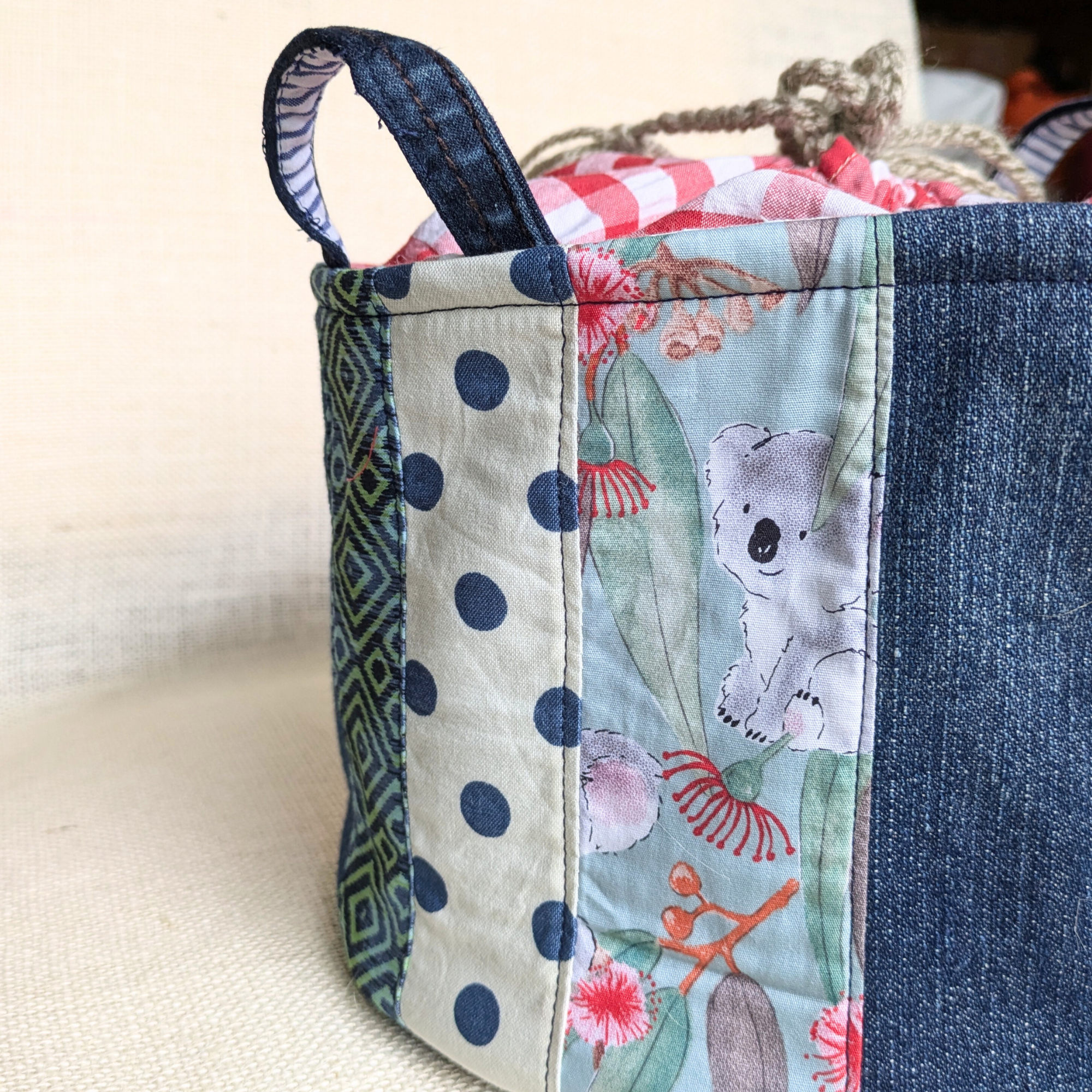 Upcycled Denim Storage Basket and Gift Bag Patchwork Navy spot