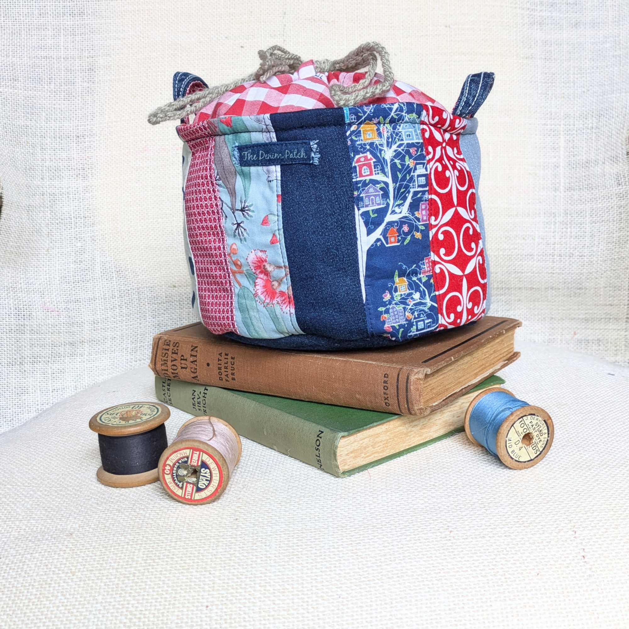 Upcycled Denim Storage Basket and Gift Bag Patchwork Navy spot