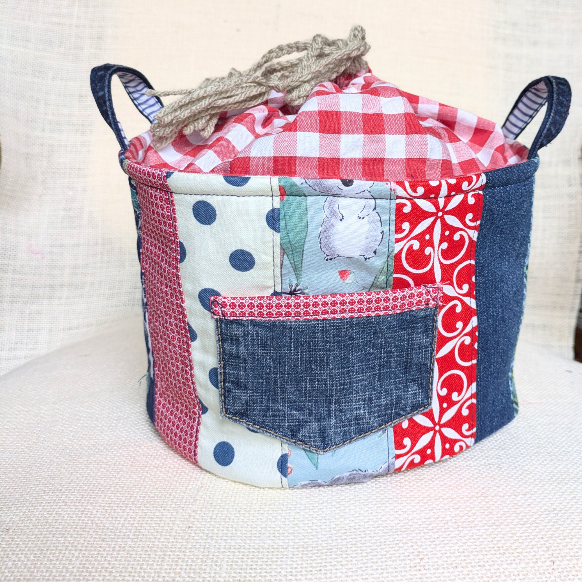 Upcycled Denim Storage Basket and Gift Bag Patchwork Navy spot