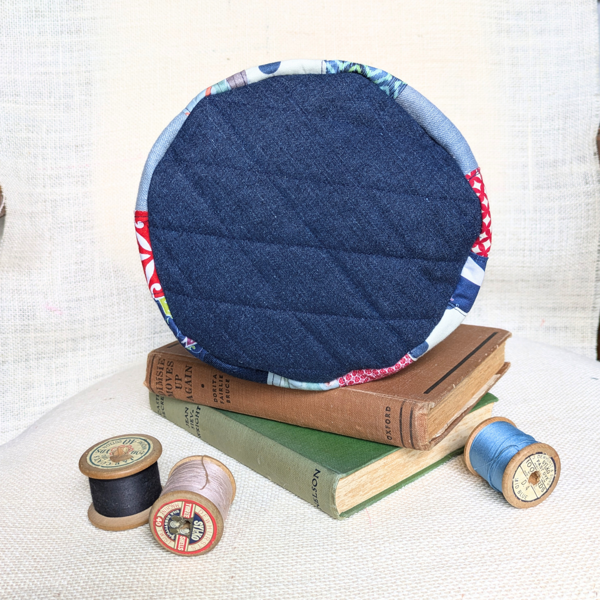 Upcycled Denim Storage Basket and Gift Bag Patchwork Navy spot