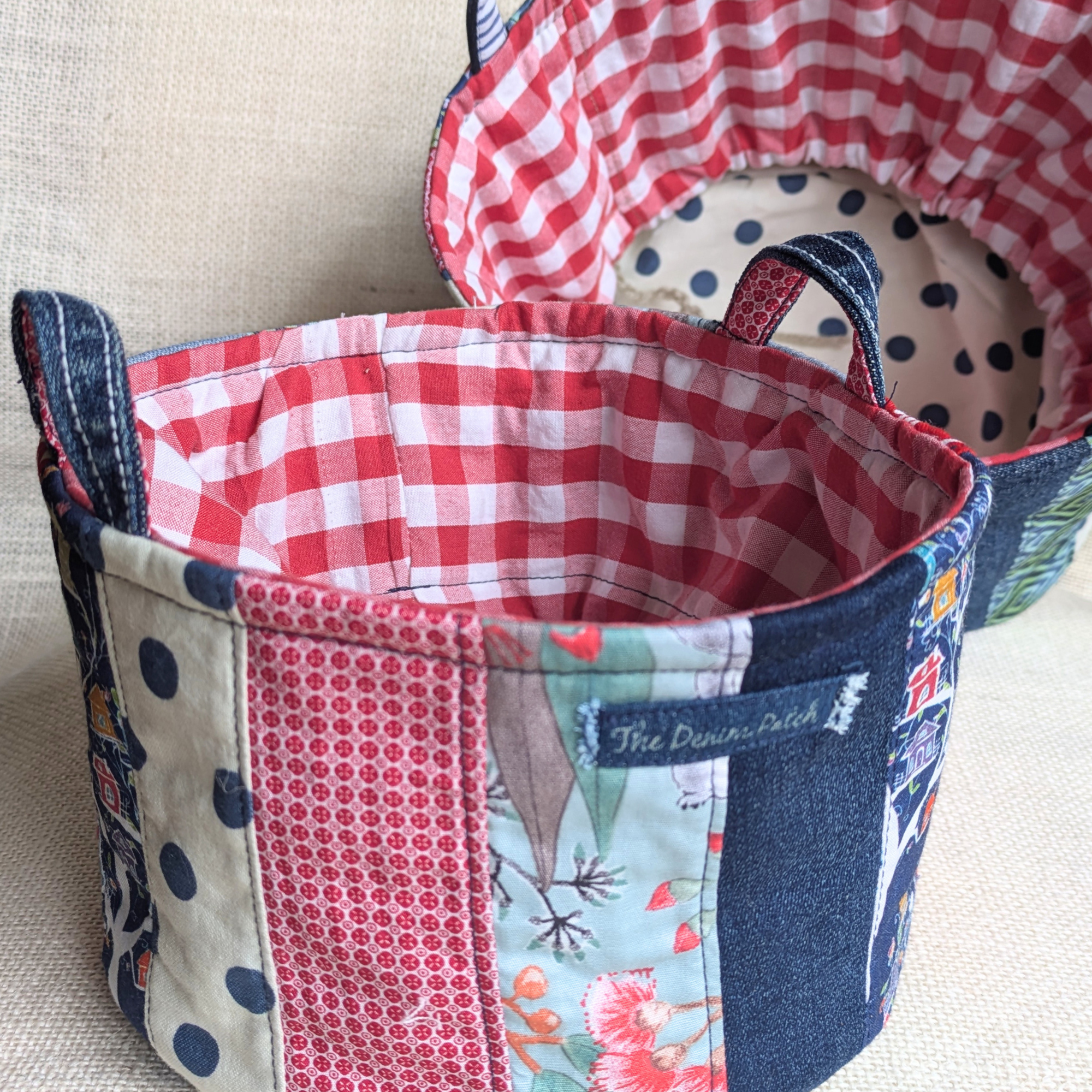 Upcycled Denim Storage Basket and Gift Bag Patchwork Navy spot