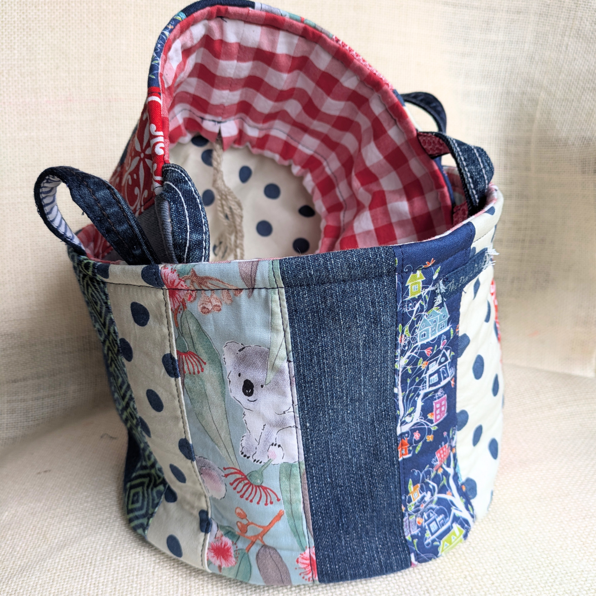 Upcycled Denim Storage Basket and Gift Bag Patchwork Navy spot