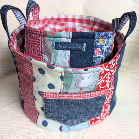 Upcycled Denim Storage Basket and Gift Bag Patchwork Navy spot