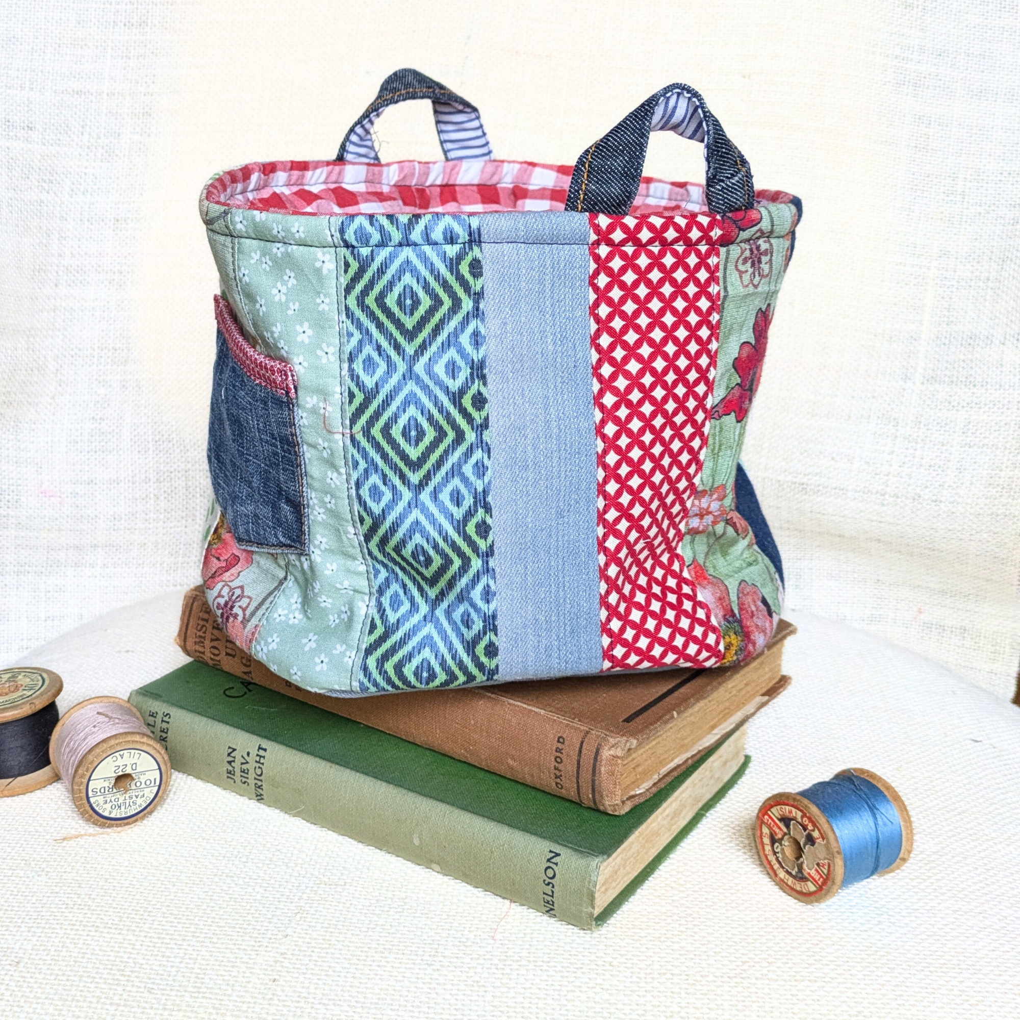 Upcycled Denim Storage Basket and Gift Bag Patchwork