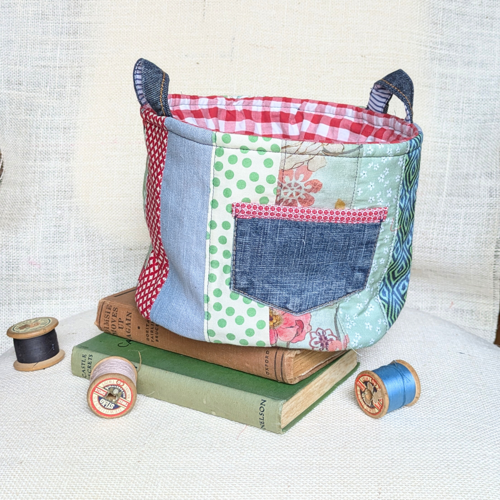 Upcycled Denim Storage Basket and Gift Bag Patchwork