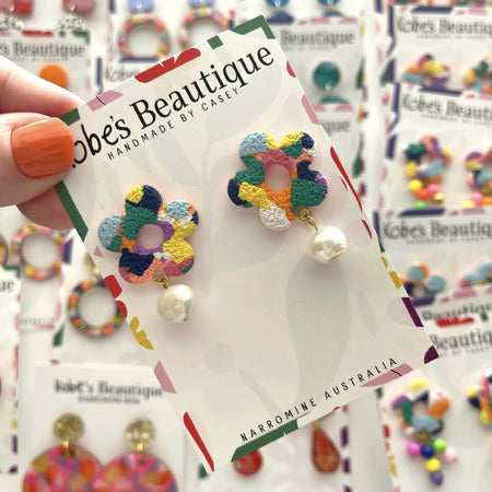 Colourful Flower Dangles with texture & Freshwater Pearls