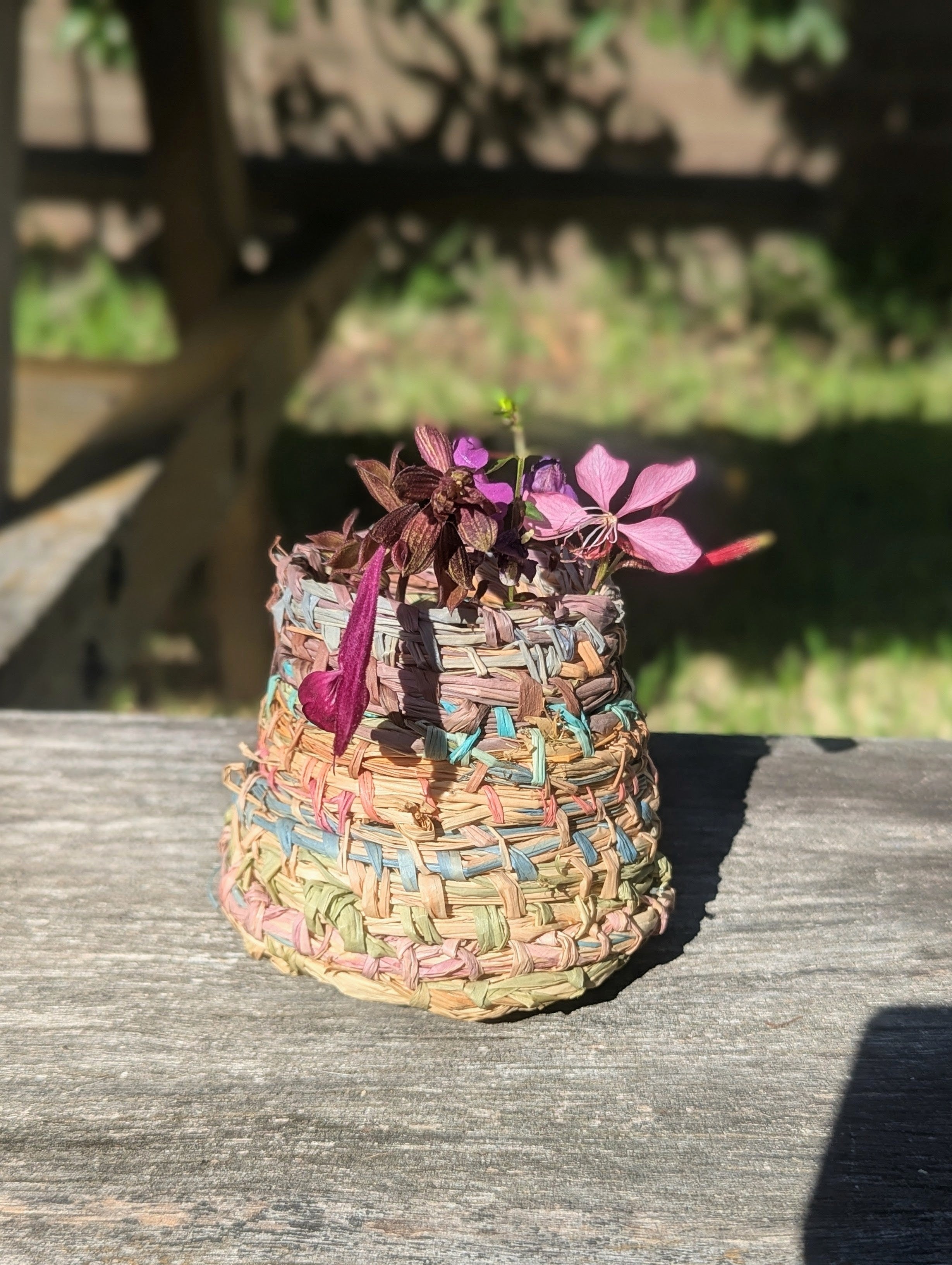 Colourful Woven Vessel | Small Raffia Basketry | Bud Vase Cover |