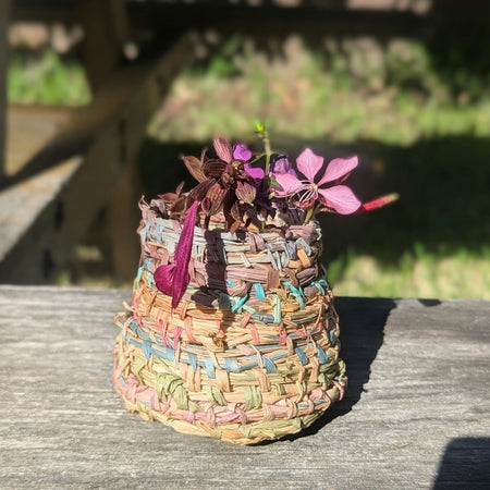 Colourful Woven Vessel | Small Raffia Basketry | Bud Vase Cover |