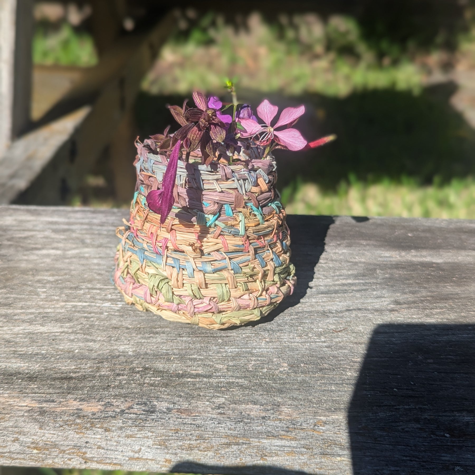 Colourful Woven Vessel | Small Raffia Basketry | Bud Vase Cover |