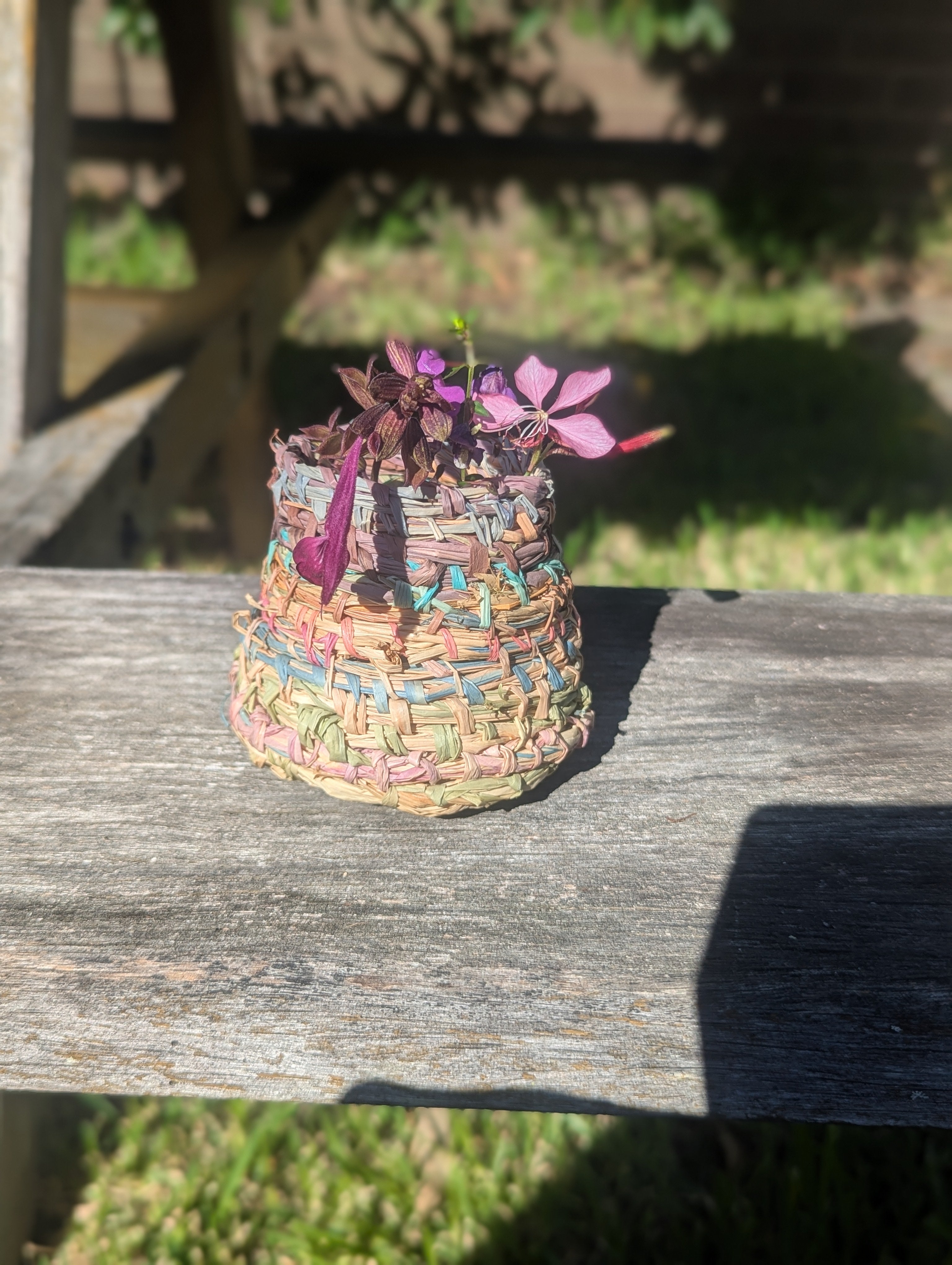 Colourful Woven Vessel | Small Raffia Basketry | Bud Vase Cover |