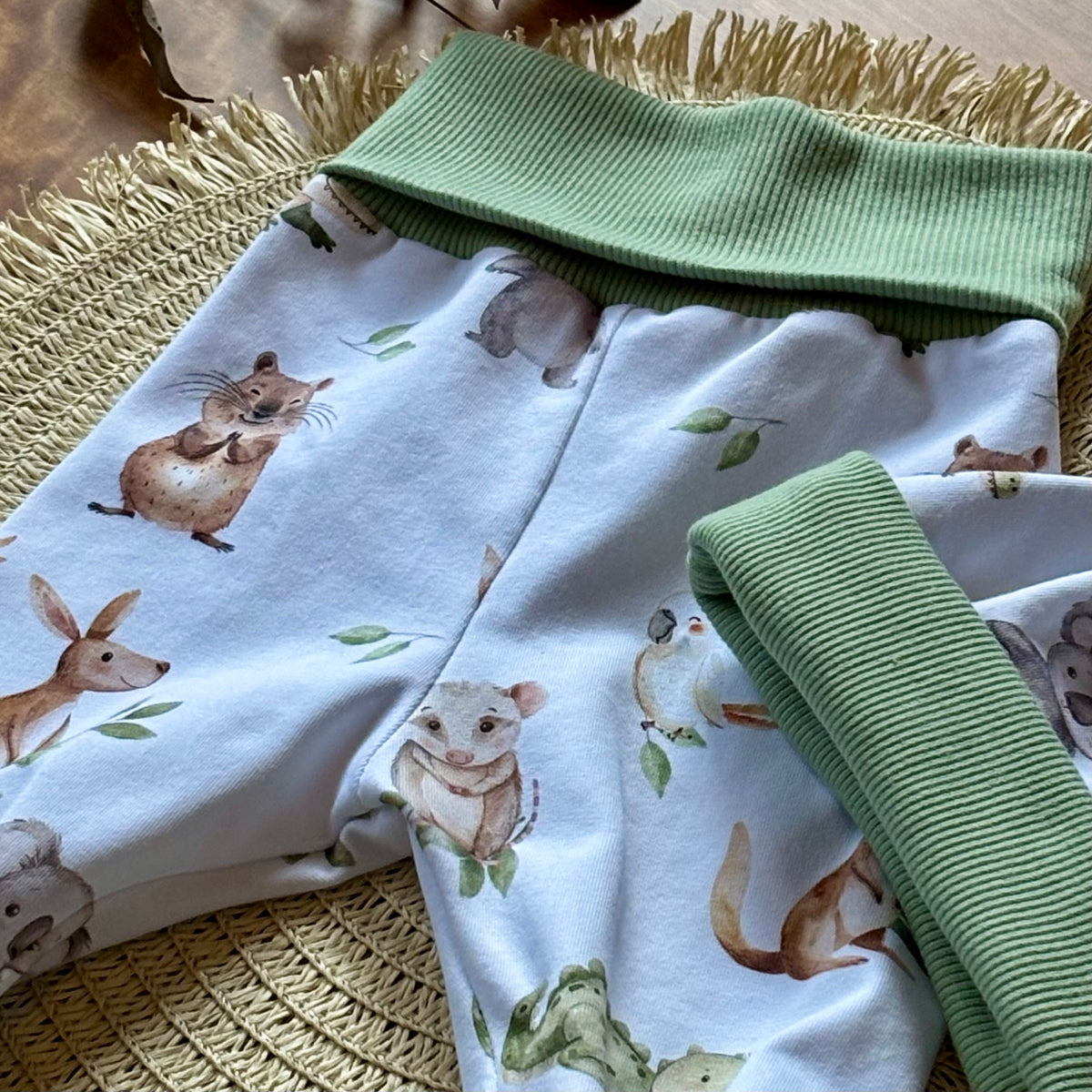 Baby Pants and Hat Set | Green Aussie Animals | Size newborn to 1 | Made to order