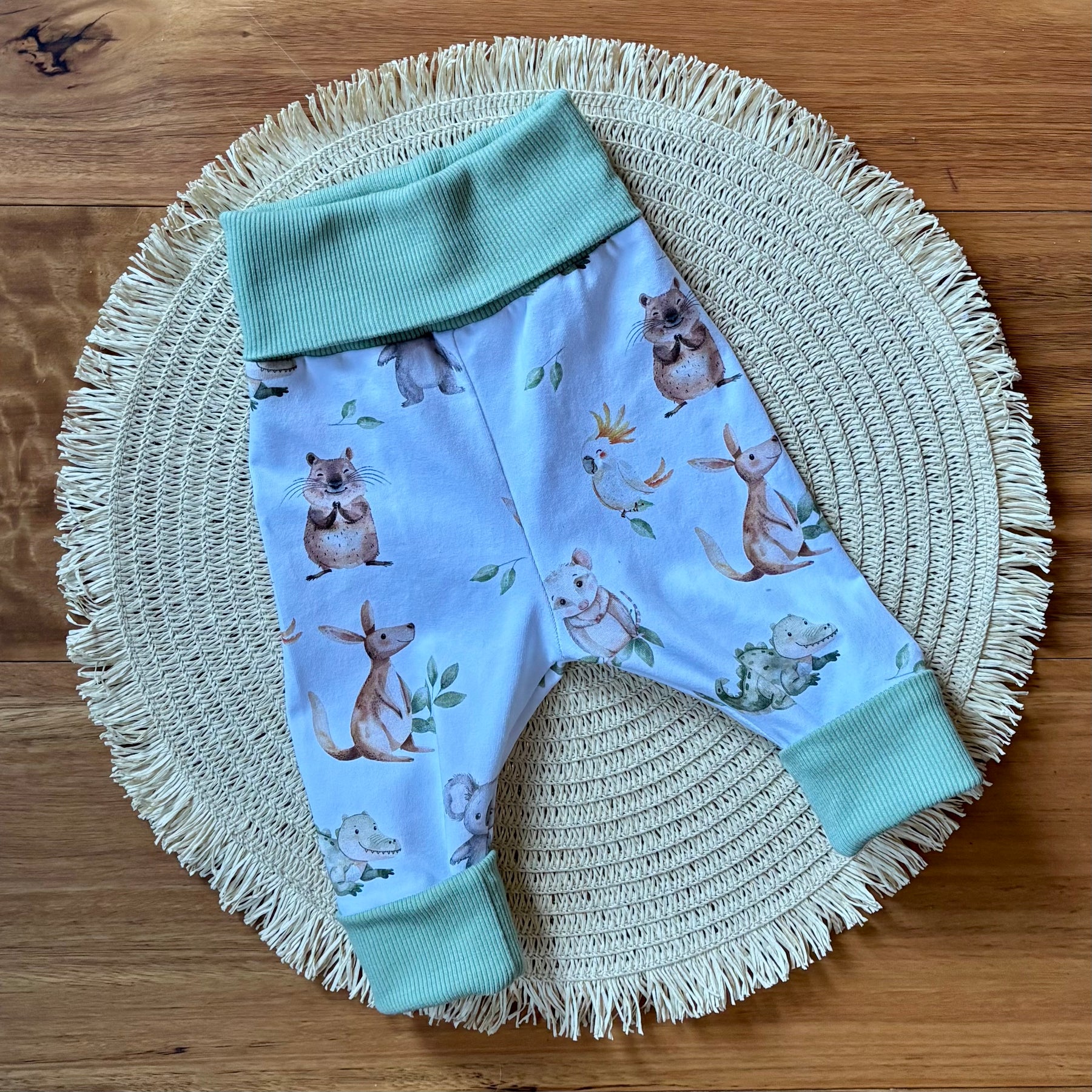Baby Pants and Hat Set | Green Aussie Animals | Size newborn to 1 | Made to order