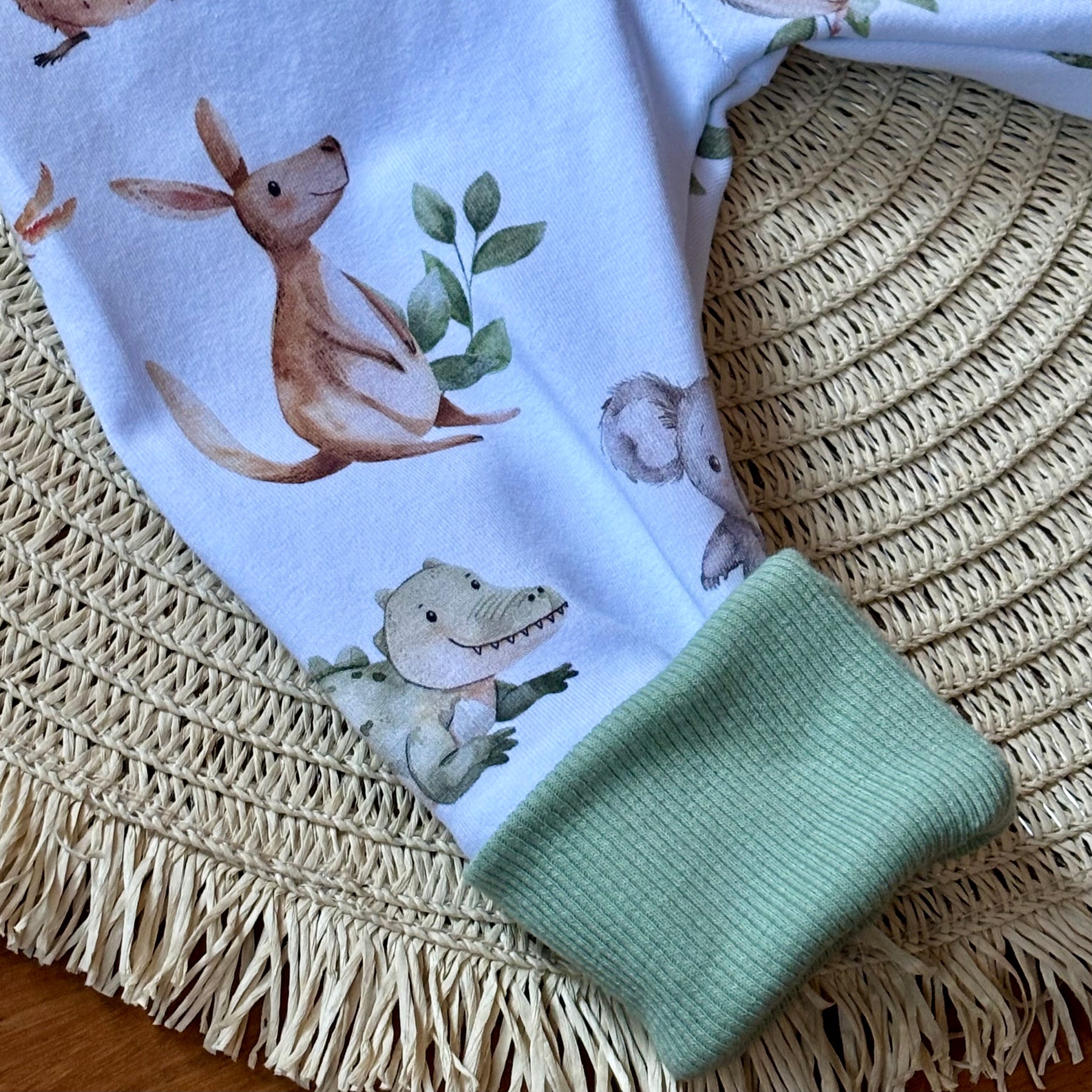 Baby Pants and Hat Set | Green Aussie Animals | Size newborn to 1 | Made to order