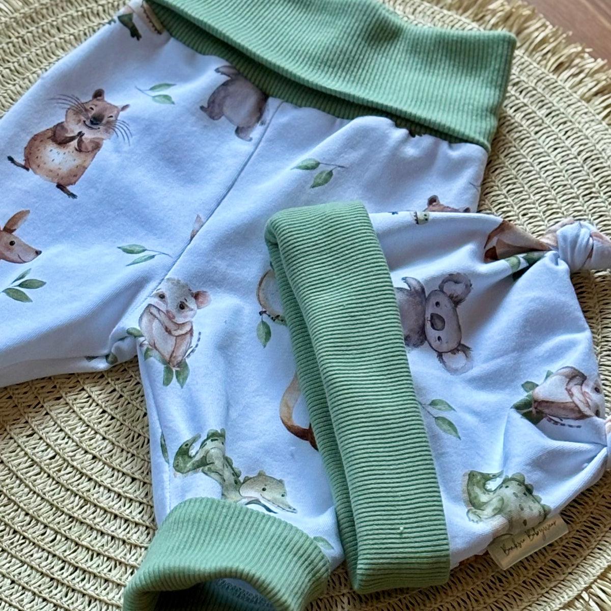 Baby Pants and Hat Set | Green Aussie Animals | Size newborn to 1 | Made to order