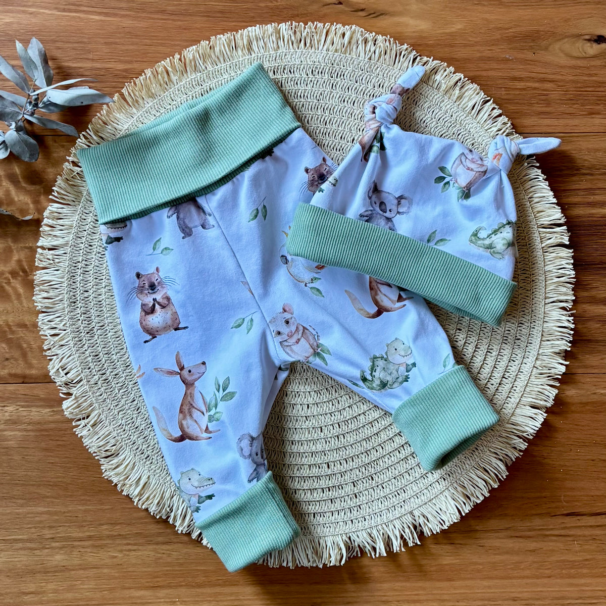 Baby Pants and Hat Set | Green Aussie Animals | Size newborn to 1 | Made to order