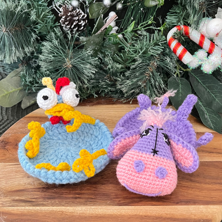 Crochet Donkey Rooster Flip Up Cup Coasters Gift Pack