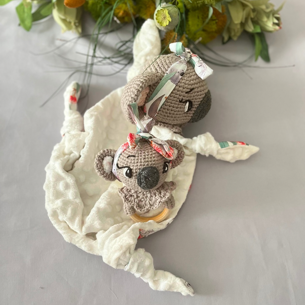 Crochet Koala Bear Tilly Lovey Blanket  & Koala Bear Grasping Toy