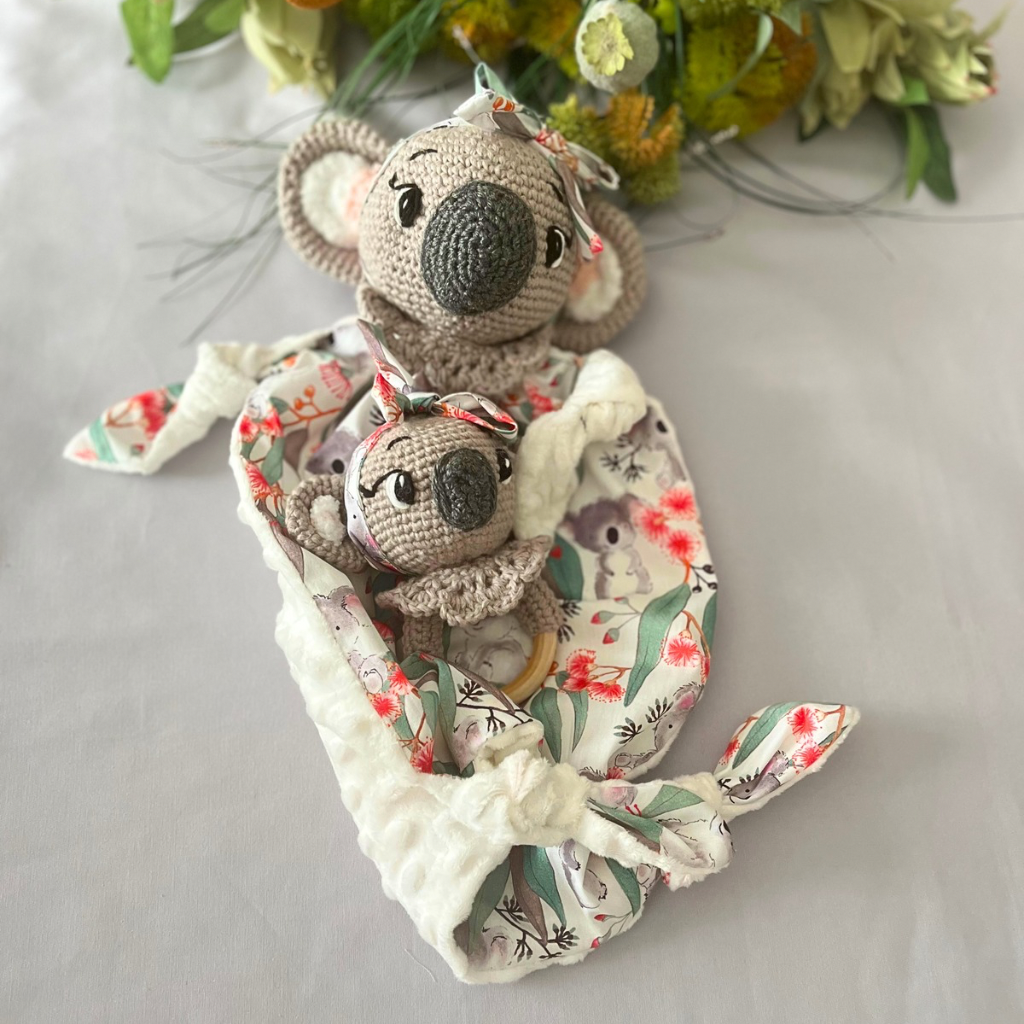 Crochet Koala Bear Tilly Lovey Blanket  & Koala Bear Grasping Toy