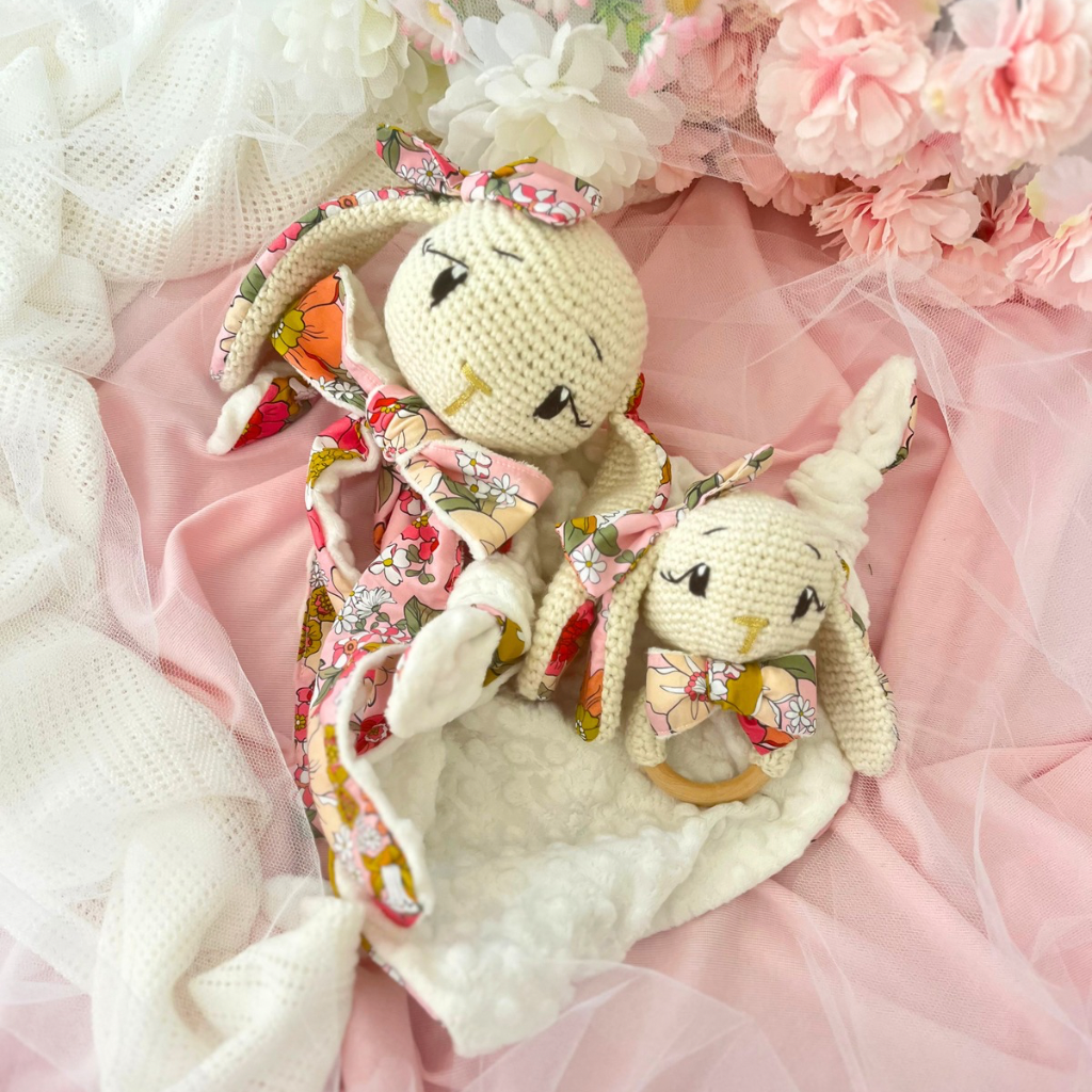 Handmade Crochet Bunny Snuggler & Bunny Grasping Toy Gift Set