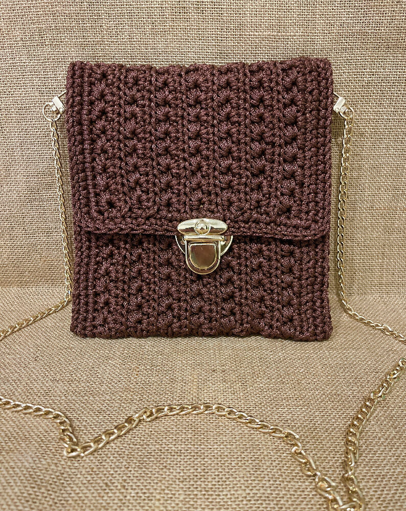 Crochet Evening/Crossbody Bag, Brown, Gold Chain Strap, 20x22 cm