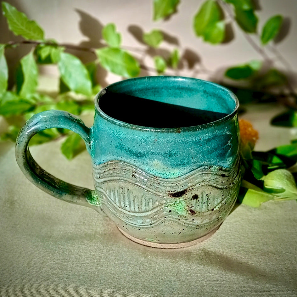 Turquoise and grey/green hand made mug