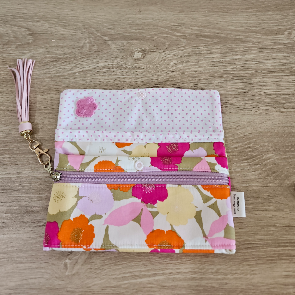 Foldable Wallet/Purse/Mobile phone holder - Pink and Gold Floral Design