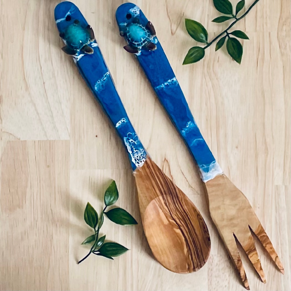 Ocean Turtle Wooden Salad Server Set