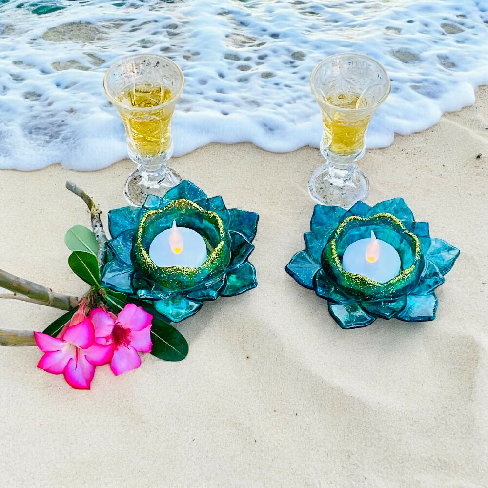 Aqua and gold lotus flower tea lights