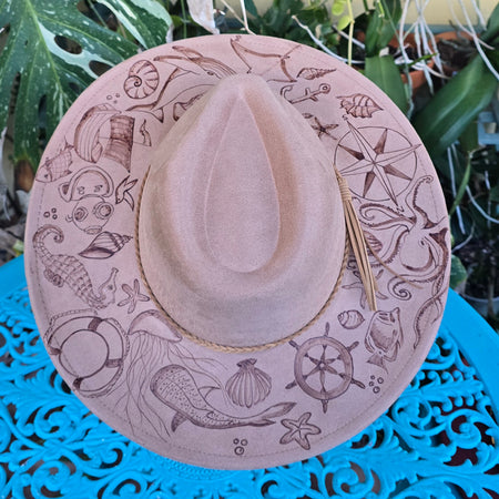 Hand burnt pyrographg fedora hat - The ocean life