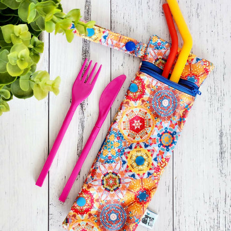 Reusable Waterproof Zip Bag, Cutlery/Straw - Kaleidescope or Blue Leaves (2 options)