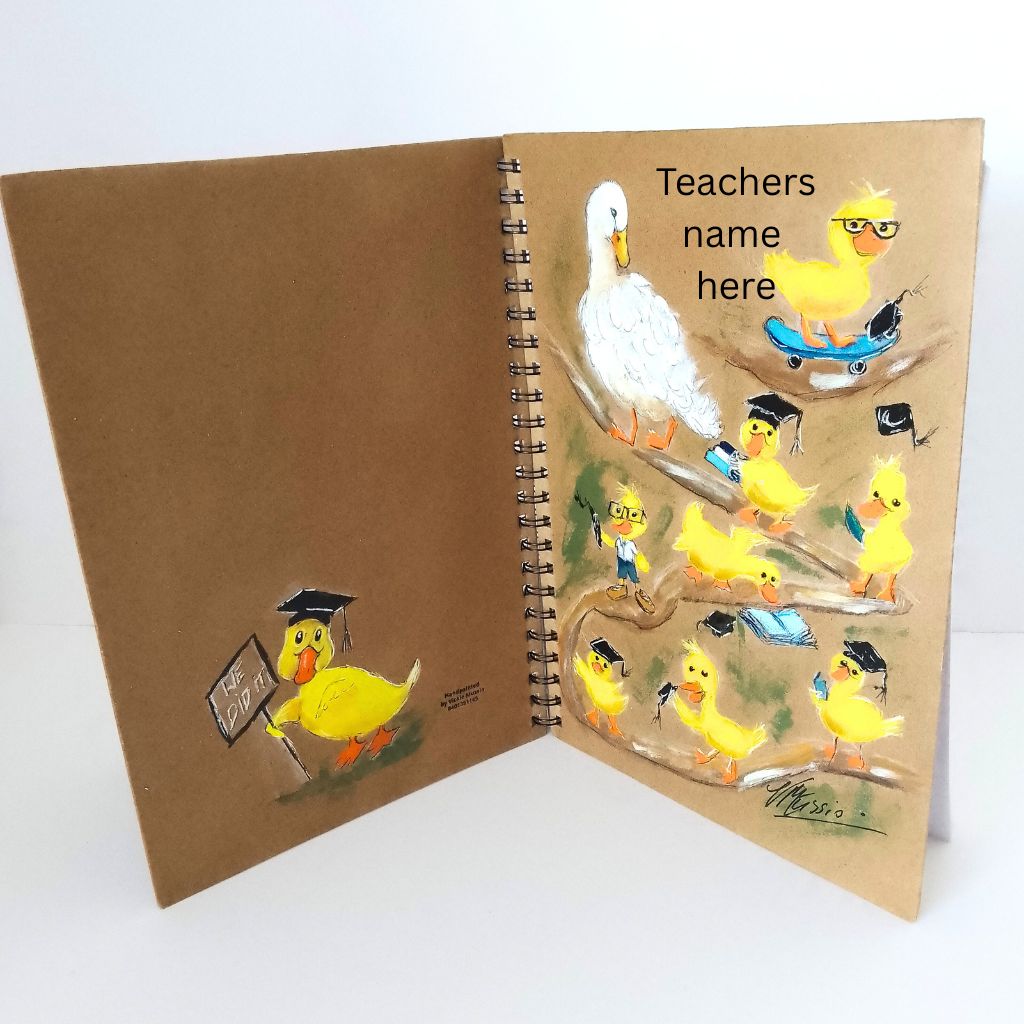 Teacher Gift - Handpainted Mother Duck Notebook - Size A4 lined pages
