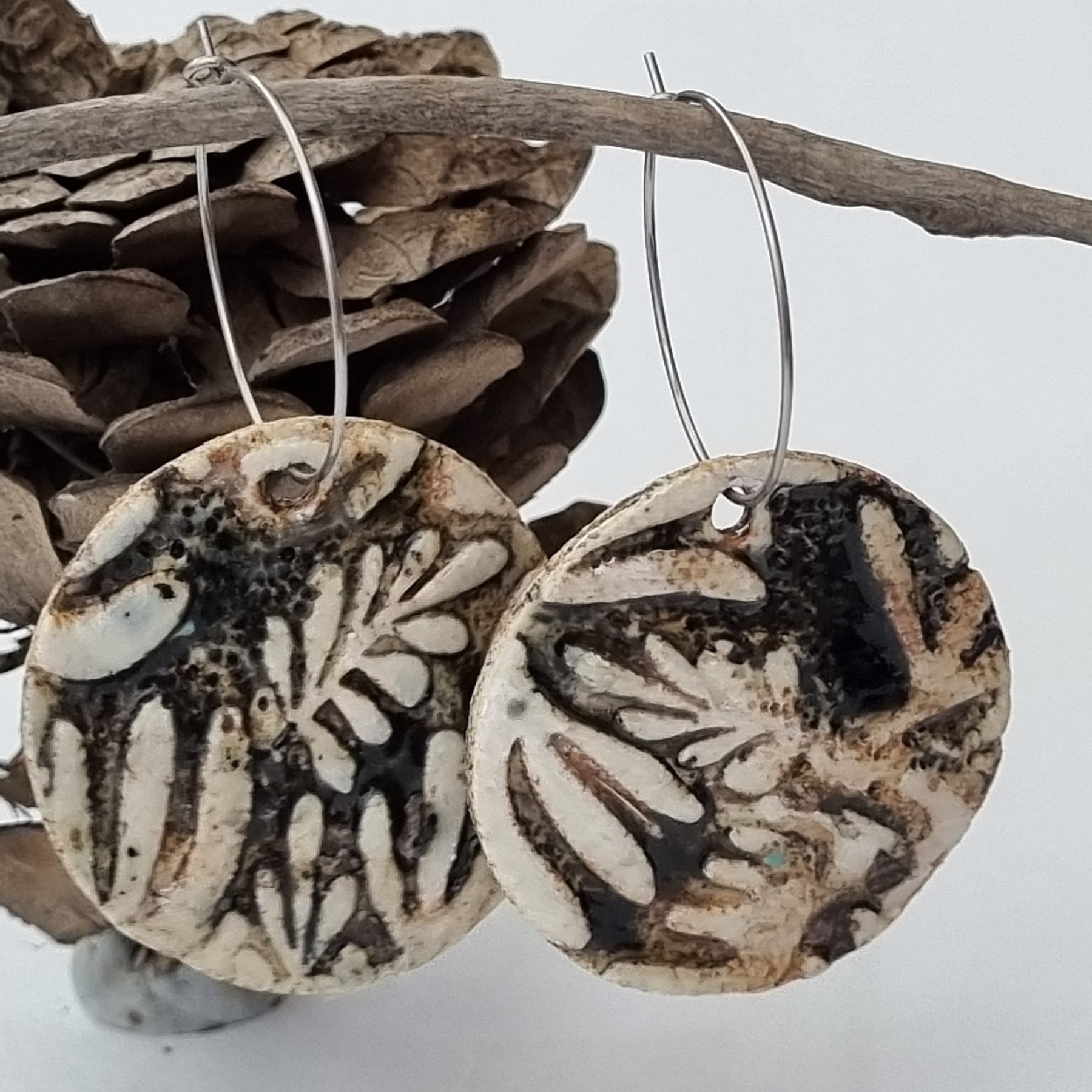Handmade Stoneware Ceramic Earrings, black-white multi-coloured, 35mm diameter, pierced ears