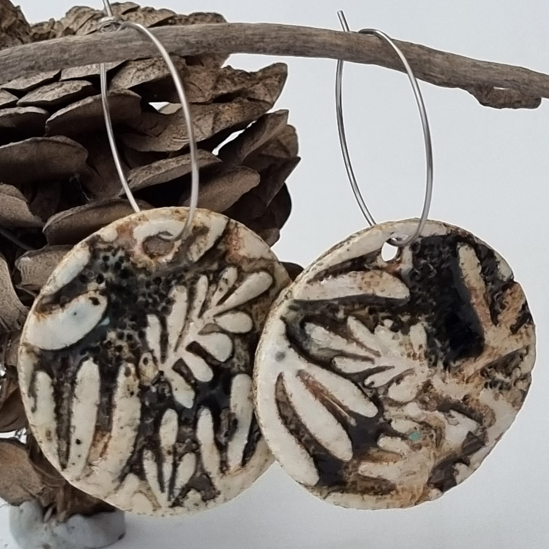 Handmade Stoneware Ceramic Earrings, black-white multi-coloured, 35mm diameter, pierced ears