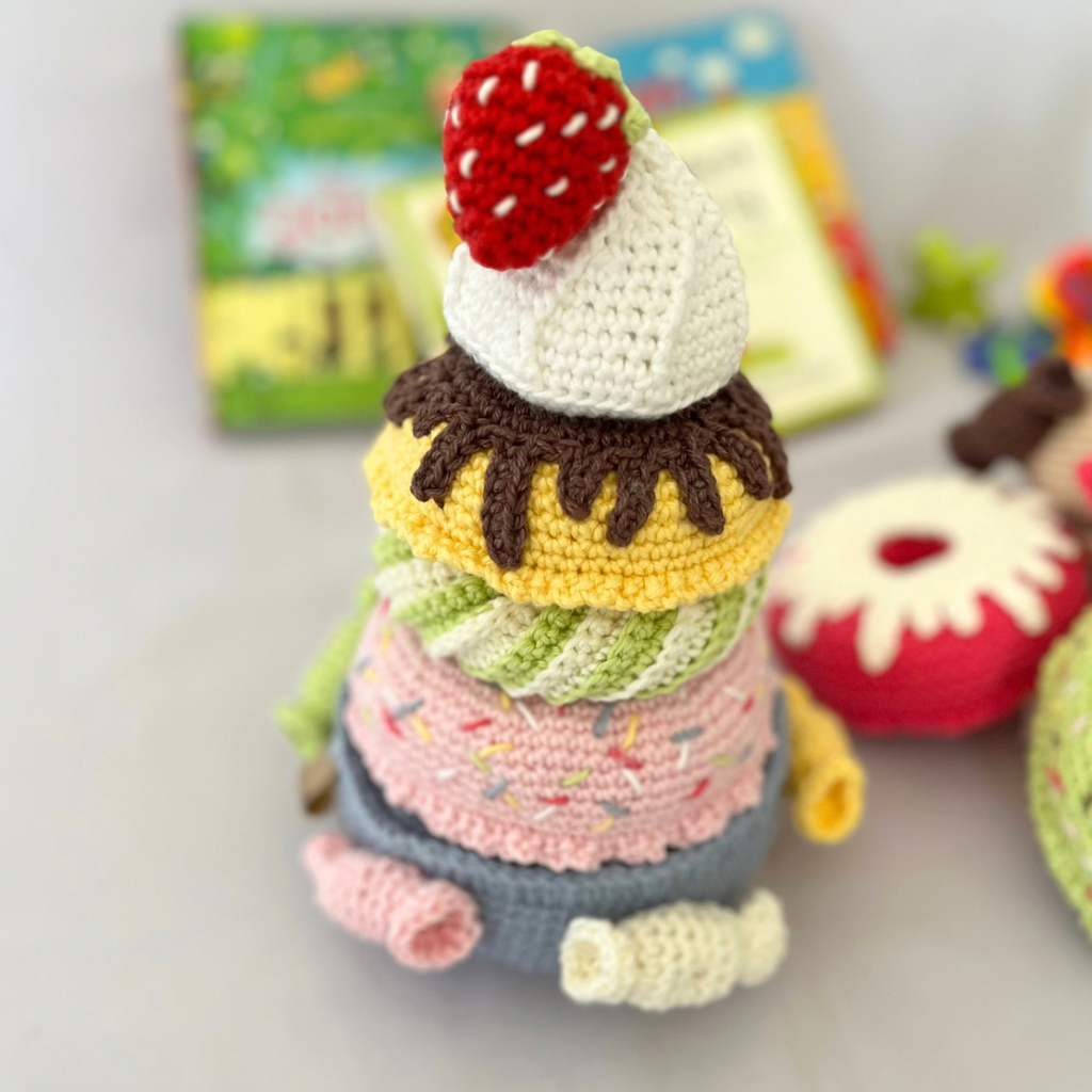 Crochet Doughnut Stacking Toy with Ice Cream Top, Crochet Stacking Toy