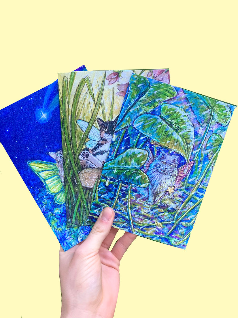 Sparkly Greeting Cards - Watercolour Fairy Cats