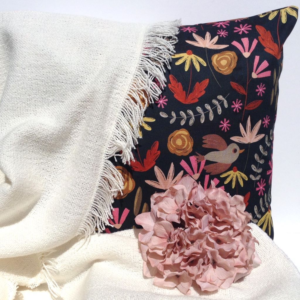 Floral cushion covers with bird detail- Dark Green. 45x45cm