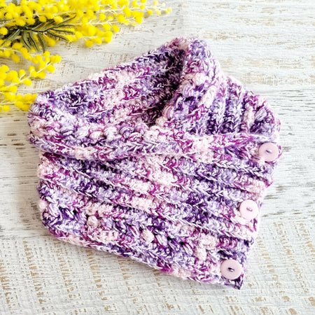 Neck warmer Cowl Scarf Purple Pink Adult Vintage Crochet Buttoned