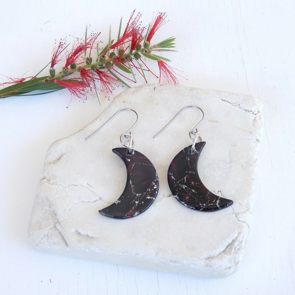 Black Polymer Clay Earrings "Silver Fire" Moon