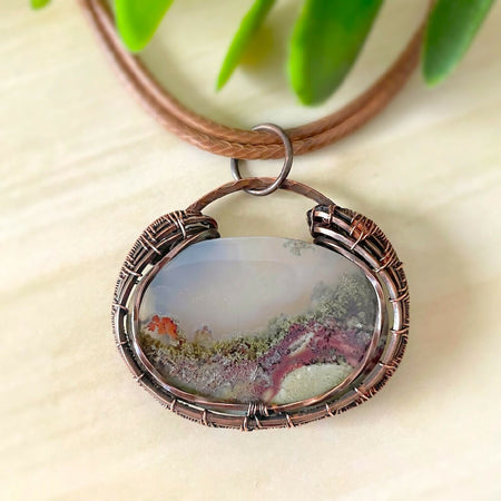 Delightful 38x33mm Wire-Wrapped Scenic Moss Agate Pendant