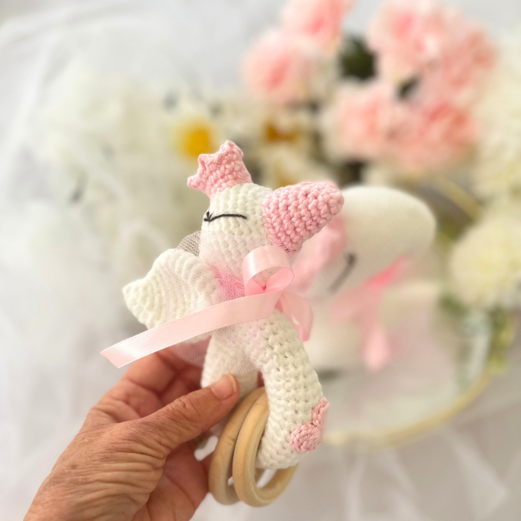 Handmade Crochet Princess Swan and Grasping Toy Baby Gift Set